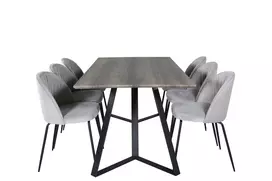 Marina Valgomojo stalas, 180*90*H75, pilka/juoda + Wrinkles Valgomojo kėdė 6 vnt., juoda/pilka