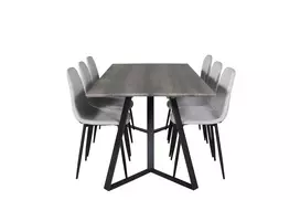 Marina Valgomojo stalas - 180*90*H75, pilka/juoda + Polar Diamond Valgomojo kėdė 6 vnt., juoda/pilka