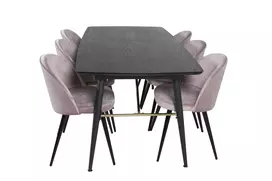 Valgomojo stalas Gold (išskleidžiamas) 180/220x85xH76, Juoda+6 kėdės Velvet, Juoda/Pelenų rožinė
