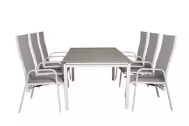 Lauko stalas Lygiai 160x240 cm, Balta/Pilka+6 valgomojo kėdės Copacabana