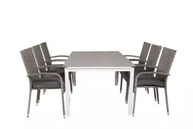 Lauko stalas Lygiai 160x240 cm, Balta/Pilka+6 valgomojo kėdės Anna