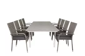 Lauko stalas Lygiai 160x240 cm, Balta/Pilka+8 valgomojo kėdės Anna