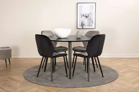 Valgomojo stalas Dipp ø115cm, Juoda + 4 kėdės Emma Juoda/Pilkas velvetas