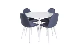 Plaza Apvalus stalas 100 cm, balta + Polar Valgomojo kėdė 4 vnt., balta/mėlyna