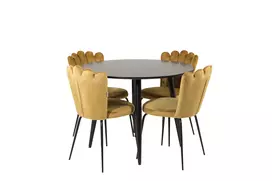 Valgomojo stalas Plaza, Juoda ø100*H75cm + 4 kėdės Limhamn, Geltona