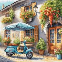 Mėlyna Vespa – kryželiu siuvinėjamas paveikslas, siuvinėjimo rinkinys 28,6×28,6 cm