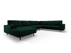 Panoraminė dešinioji kampinė velvet sofa Hebe, 6 sėdimos vietos, žalio butelio sp.