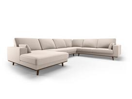 Panoraminė dešinioji kampinė velvet sofa Hebe, 6 sėdimos vietos, smėlio spalva