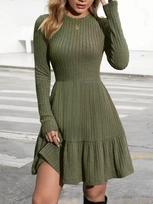 Women's Casual Knit Long Sleeve Knee-Length Dress - Round Neck, European & American Fashion M tamsiai pilka spalva