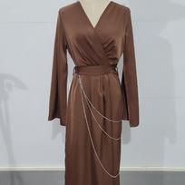 GMXIA Women's Fall Dress Temperament Long Waist Chain Solid Color Satin Dress XXL pilka spalva