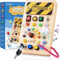 Pmgud Montessori "Busy Board" veiklos lenta nuo 1 metų Montessori medinis žaislas su 8 jungikliais, 15 LED lempučių, 6 muzikiniais jutiminiais žaislais kūdikiams ir mažiems vaikams nuo 1 metų