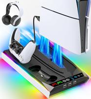 Charging Stand for PS5 Slim with Fan, Station for DualSense/Edge Controller with RGB Light, Headset Hook.3 USB Hubs, Cooler for Playstation 5 Slim Disc & Digital Edition Console 2023