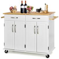 Costway Rolling Kitchen Island vežimėlis su guminiu stalviršiu 4 durų serviravimo vežimėlis 122 x 48 x 92,5 cm baltas