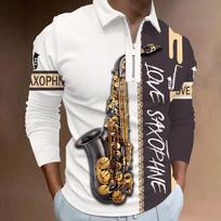 Polo marškinėliai Vyriški ilgomis rankovėmis Fashion White Saxophone Print Nauji vyriški polo marškinėliai ilgomis rankovėmis marškinėliai su užtrauktuku viršuje XXL balta