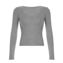 Women Plunging Neck Basic T-Shirt Autumn Solid Slim-fitting Full Sleeve Top Casual Versatile Simple  Shirt S pilka spalva