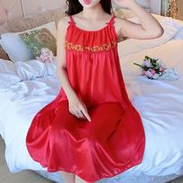 Ice Silk Nightdress Moteriškas gėlėtas nėriniuotas apatinis trikotažas Laisvalaikio moteriškos palaidos miegui naktiniai drabužiai One Size raudona