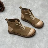 „Johnature“ rankų darbo retro karvės odos trumpi batai apvaliomis elastinėmis juostelėmis, laisvalaikio natūralios odos moteriški batai 35 chaki