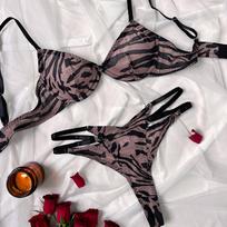 Seksualus moteriškas apatinio trikotažo rinkinys Europai Itin plonas zebra juosteles liemenėlė Hollow Temptation Classic Bandage Underwire Push Up liemenėlės rinkinys L ruda