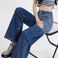 WTEMPO Retro Kalnų krištolas Blingbling Gradient Spalva Ilgi Džinsai Moteriškos didelio dydžio aukšto juosmens elastinės plačios džinsinės kelnės S mėlyna