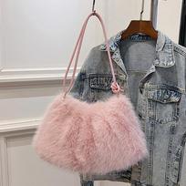 Luxury Furry Shoulder Bag Solid Color Soft Tote Bag Large Capacity Fluffy Clutch Bag 38x9x19cm rožinė