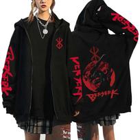 Berserk Rits Hoodie Anime Guts Manga Užtraukiamas Džemperis Vyrams Moterims Spausdinti Laisvalaikio Ilgomis Rankovėmis Megztiniai Hip Hop Gatvės Apranga XS juoda