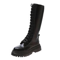 Fashion Chunky Platform Pu Leather Knee High Boots Women Punk Increasing Long Female Lace Up Booties Mujer 2024 Zip Chelsea Women Shoes 36 juoda