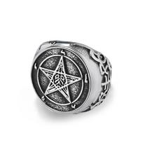 Vintage Fallen Angel Liuciferio nerūdijančio plieno žiedas vyrams Hip Hop Dawn Star Pentagram Titanium Nykšties žiedas vyriškas juodas papuošalas 7#