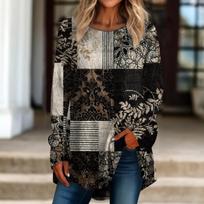 Moteriškos palaidinės Fashion Casual plius dydžio ilgomis rankovėmis apvaliomis kaklo retro spausdinimo marškinėlių viršus S