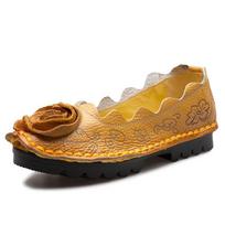 Women's Loafer Flats Shoes Handmade Women Genuine Leather Shoes Autumn Rose Flowers Ballet Flats Shoes Woman Zapatos CN 35 geltona