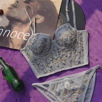 Naujas siuvinėjimas, nėriniai, gėlės, prancūziški apatiniai Sexy Body Shaping Push Up liemenėlės rinkinys Romantiškas balto apatinio trikotažo liemenėlių ir kelnaičių rinkinys S mėlyna