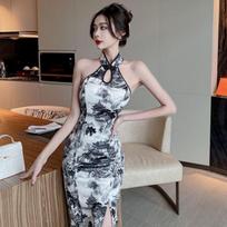 Elegantiška retro rašalo spaudinio figūrą pabrėžianti čiongsamo suknelė Extra Large