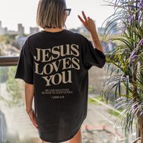 Jesus Loves You Christian Negabaritinis marškinėliai mes mylime vienas kitą Laisvi marškinėliai Moterims Madingi laisvalaikio medvilniniai estetiniai viršeliai S juoda
