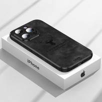 Prabangus telefono dėklas iš elnio odos, skirtas iPhone 14 13 12 Pro Max, su objektyvo stiklo buferiu, atsparus smūgiams, silikoninis mobiliojo telefono dangtelis, Fundas Coque For iPhone 14 Plus juoda