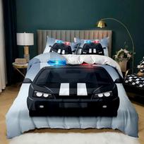 Policijos automobilio antklodės užvalkalas Juodas policininko automobilis Dvigulės lovos patalynės komplektas Animacinis transporto priemonės pledo užvalkalas Raudoni policijos žibintai Poliesterio antklodės užvalkalas 70x133cm 2pcs
