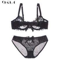 DKGEA Embroidery Moteriška liemenėlė didesnio dydžio apatinio trikotažo komplektas Seksualus permatomas nėrinys 70A juoda
