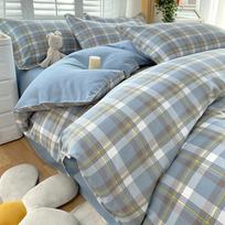 Muji japoniškas skalbtas medvilnės flanelės languotas patalynės komplektas - 4 dalys, geros kokybės, studentų bendrabučio stiliaus 1.2m Fitted Sheet Set 3pcs (150x200 Duvet)