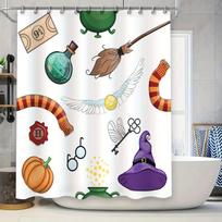 Harry Potter-themed shower curtain featuring a broomstick, wand, pumpkin patch, and magical creatures perfect for Halloween! (It 90x180cm