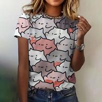 Moteriški marškinėliai 3D Cat Print Drabužiai Summer Crew Neck Fashion Trumpomis rankovėmis Elegantiškas laisvalaikio viršus Laisvi marškinėliai Moteriški drabužiai L