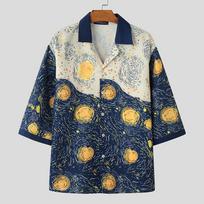 INCERUN Men Lapel Nevk Half Sleeve Buttons Floral Print Casual Loose Shirts S mėlyna