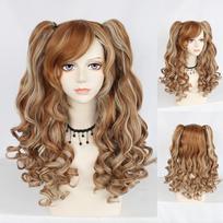 Cosplay kuodo perukas sintetinis ilgas spalvotas garbanotas mergaičių Lolita cosplay perukas su dviem kuodais ir 1 vnt. peruko kepurėle 24inches