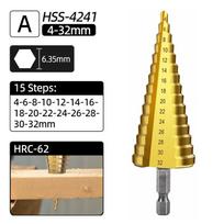 HSS Titano pakopinis grąžtas Kobalto 4-32mm Spiralinis Tiesus griovelis 1/4 šešiakampis Medžio Metalo Skylių Pjoviklis Kūginis Pakopinis Grąžtas Kūgio Įrankiai