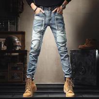 Men's Trendy Patchwork Slim-Fit Jeans with Multiple Pockets and Contrast Color Accents Size 30 (Recommended 110-125 Jin)