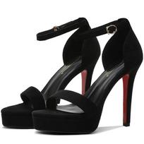 2024 Naujos Vasarinės Moteriškos 12cm Aukštakulnės 2cm Platforma Suede Juodi Sandalai Moteriški Stiletto Kulniukai Dirželiniai Sandalai Podiumo Fetish Avalynė 34 juoda