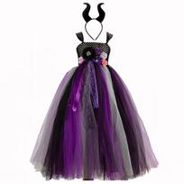 Mergaičių Ragana Violetinė Suknelė su Galvos Apdangalu Tiulio Pokylių Suknelė Vaikams Gėlių Tiutu Sijonai Vaikų Helovino Cosplay Vakarėlio Kostiumas 2-3Y