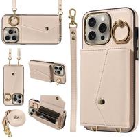 Odinis mobiliojo telefono dėklas iPhone 15 Pro su kortelių lizdais ir įstriža konstrukcija. Apsaugo jūsų Apple 14 mobilųjį telefoną. iPhone 16 Pro Max (with two straps) beveik baltos spalvos