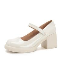 Stambūs „Mary Jane“ batai moterims „Block-Heels“ Aprangūs batai su dirželiu ant kulkšnies Moteriški laisvalaikio apvalūs kojų pirštai Vestuvių biuro vakarėlis „Mary Jane Pumps“ 34 abrikosas