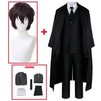 Anime Bungo Benamiai šunys Dazai Osamu Cosplay Kostiumas Ilga Striukė Paltas Trench Kostiumai Apranga Uniforma Helovino kalėdiniai drabužiai L-(Suit+Wig) juoda