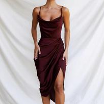 Moteriška spagečių juostelė Suknelė be rankovių kieto korseto vasarinė Bodycon suknelė Elegantiška vakarėlio klubo suskirstyta ilga suknelė M vyno raudonos spalvos