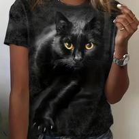 Didelio dydžio moteriški drabužiai 3D Cat Print Crew Kaklo marškinėliai Laisvi laisvi trumpomis rankovėmis vasariniai marškinėliai Viršutiniai moteriški drabužiai S black