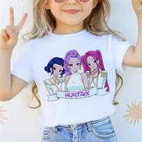 Vasarinis apvalios apykaklės 3D K-POP merginų grupės margintas viršutinis drabužis Madingi laisvalaikio trumparankoviai vaikų mergaičių marškinėliai 110